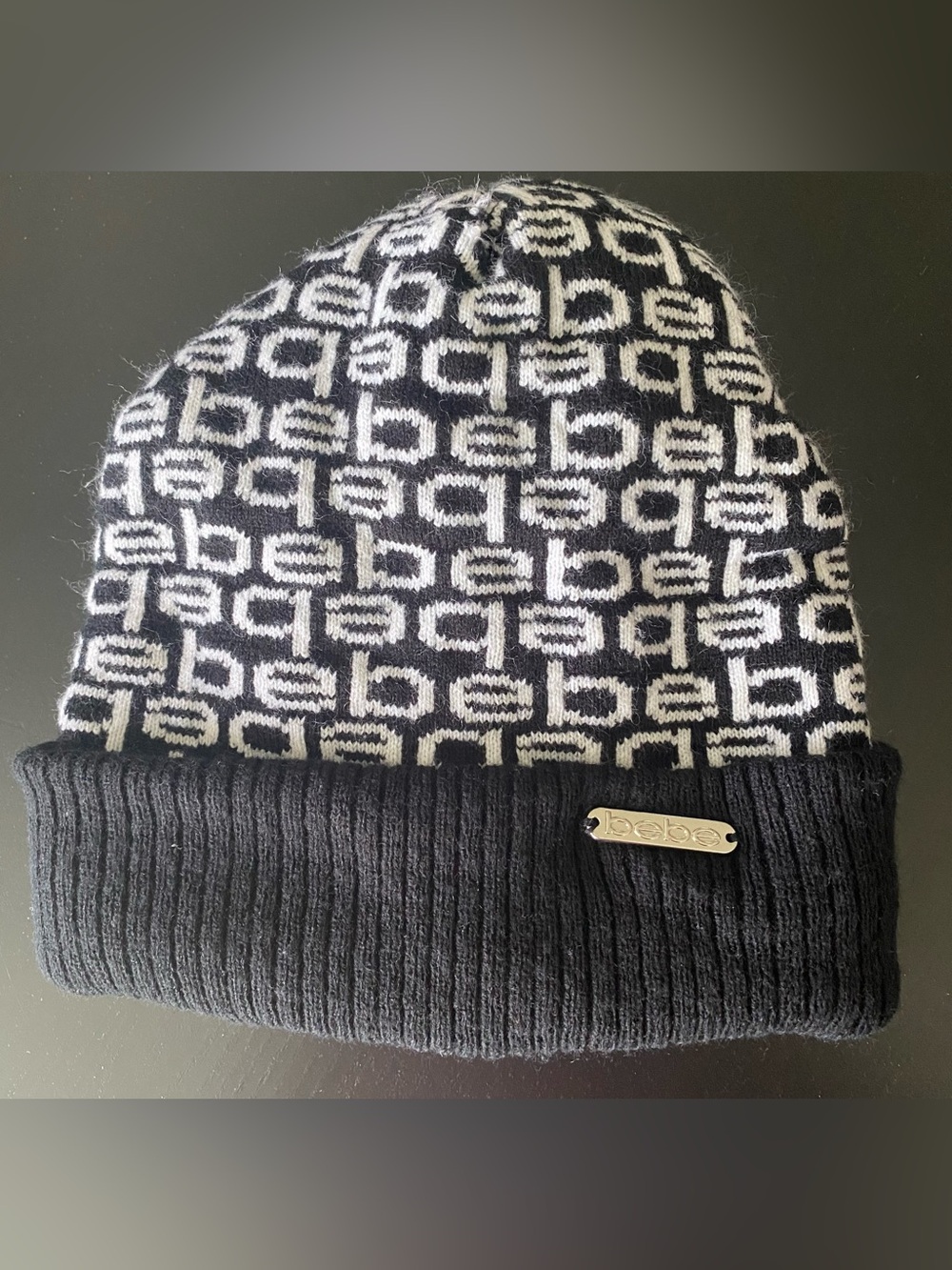 bebe Black and White Logo Knit Beanie